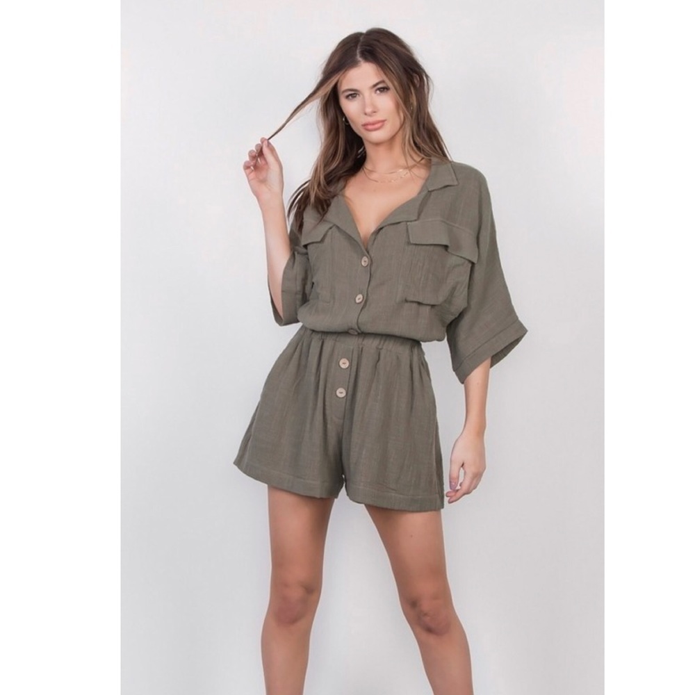 Olive Green Utility Button Front Romper Short Sleeve Casual Jumpsuit - Picture 6 of 12